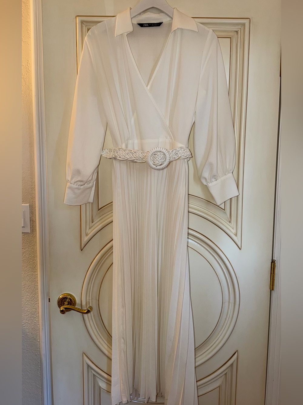 Zara Cream Pleated Maxi Shirt Dress with Braided Belt